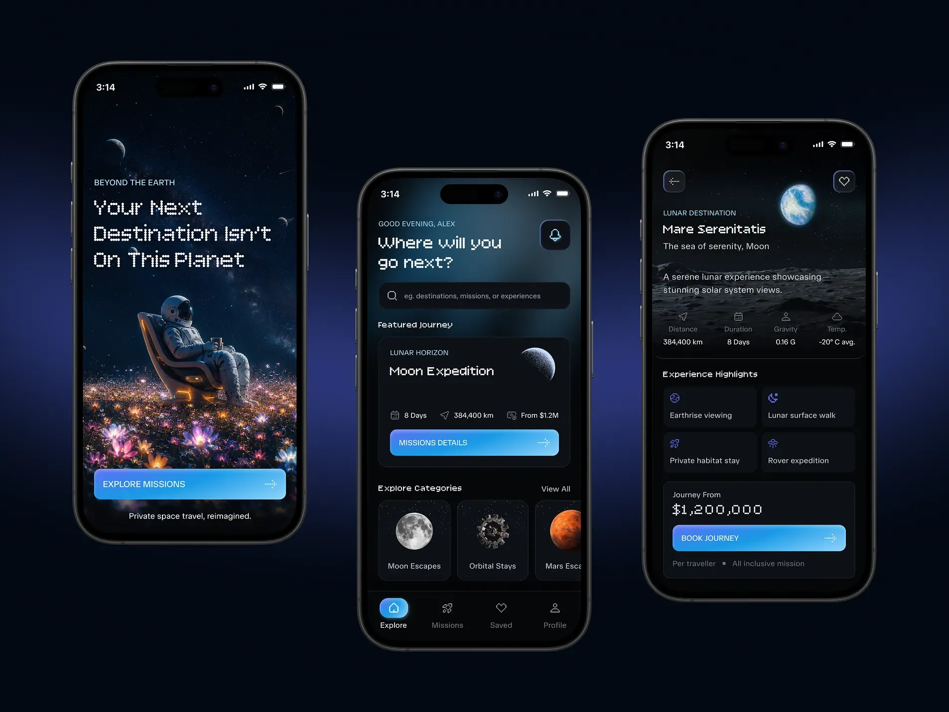 Buchungsstrecke einer Reise-App auf drei Telefonen