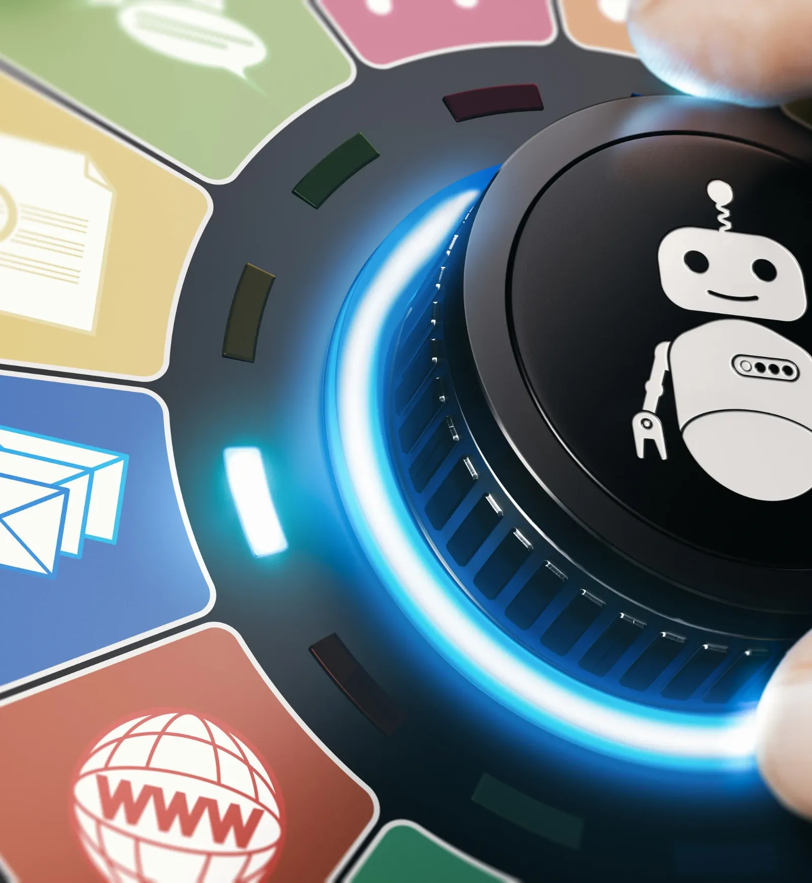 Ein Drehregler mit Roboter-Symbol, ringsum die Symbole verschiedener Programme